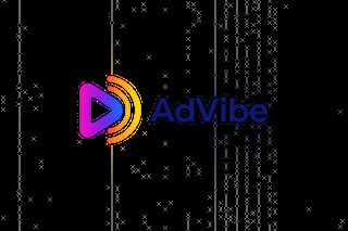 Advibe logo with a magenta and orange play button icon on a black background with digital matrix pattern